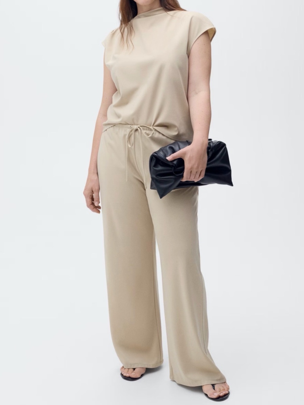 New Mango Beige two piece top and  Wide-Leg Drawstring Trousers size L